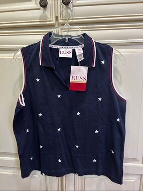 Russ Navy Polo Tank with White Star Print and Red Trim